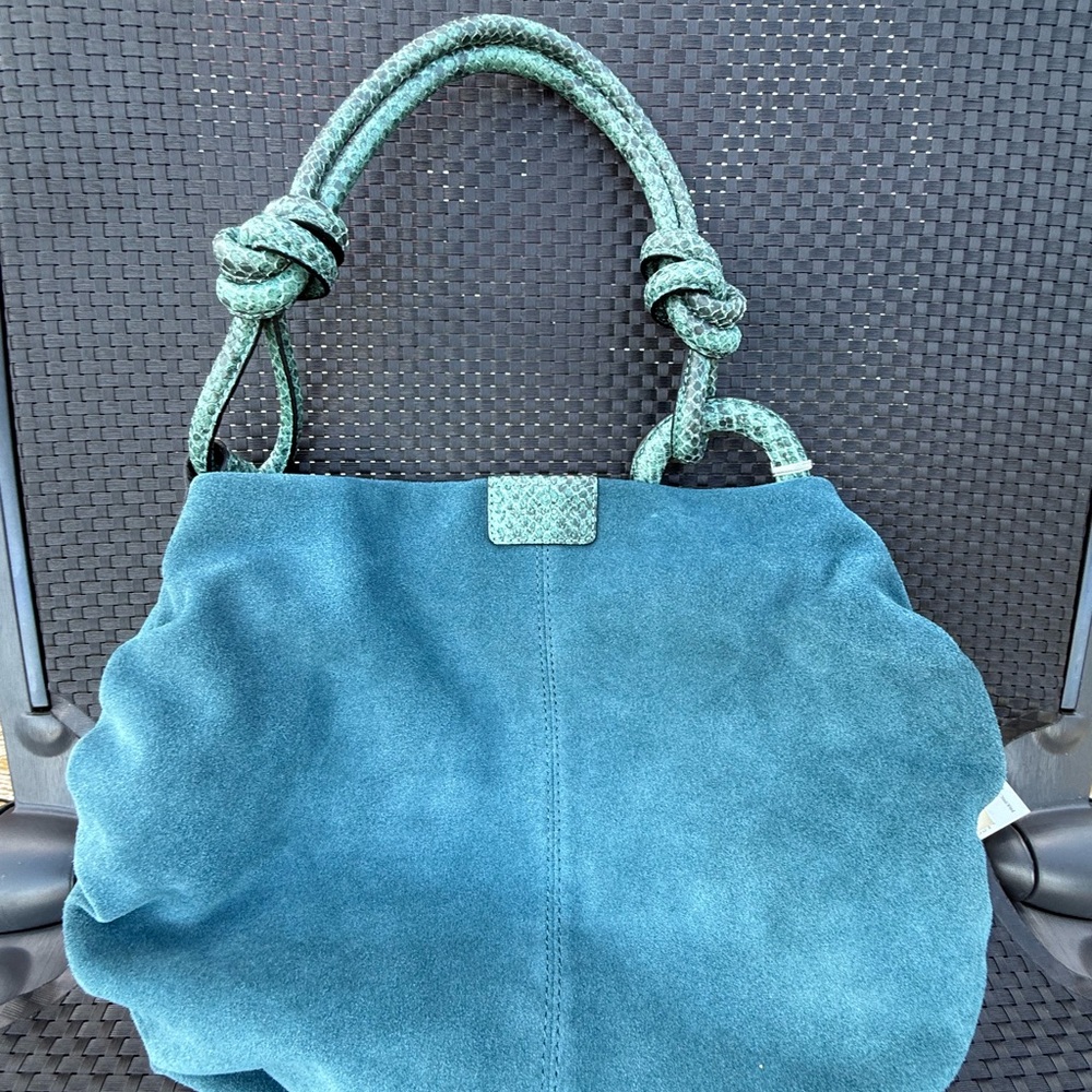 Sequoia Paris Teal Suede Shoulder Bag with Snakeskin leather handles